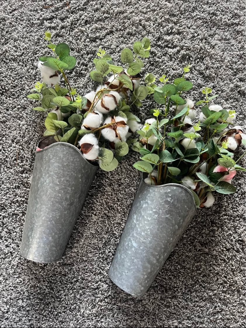 Galvanized Metal Wall Vase Set with Faux Cotton & Greenery - 2 Pack
